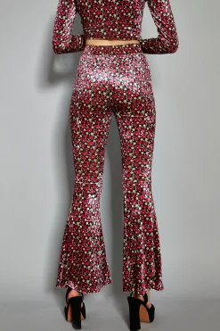 Glamorous Flares|Floral Print Velvet High Waisted Flared Trousers -
