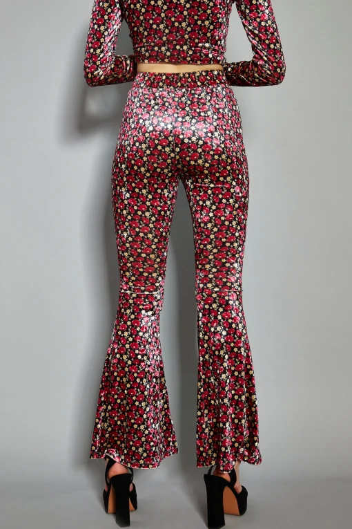 Glamorous Flares|Floral Print Velvet High Waisted Flared Trousers -
