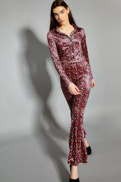 Glamorous Flares|Floral Print Velvet High Waisted Flared Trousers -