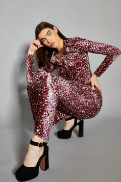 Glamorous Flares|Floral Print Velvet High Waisted Flared Trousers -