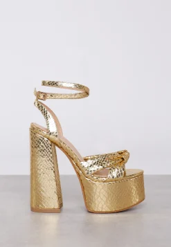 Glamorous Prom|Best Dressed Guest|Gold Metallic Croc Platform Heels -