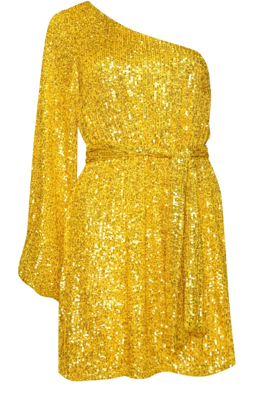 Glamorous Go To Partywear|Sequin Dresses|Gold Sequin One Sleeve Mini Dress -