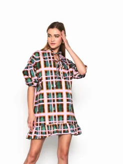 Glamorous Mini Dresses|Mini Dresses|Green Check Puff Sleeve Mini Smock Dress -