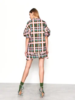 Glamorous Mini Dresses|Mini Dresses|Green Check Puff Sleeve Mini Smock Dress -