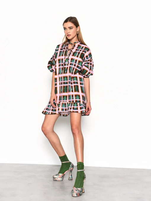 Glamorous Mini Dresses|Mini Dresses|Green Check Puff Sleeve Mini Smock Dress -
