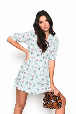 Glamorous Mini Dresses|Mini Dresses|Green Floral Button Down Mini Tea Dress with Collar -