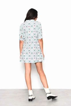 Glamorous Mini Dresses|Mini Dresses|Green Floral Button Down Mini Tea Dress with Collar -