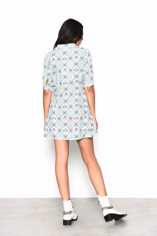 Glamorous Mini Dresses|Mini Dresses|Green Floral Button Down Mini Tea Dress with Collar -