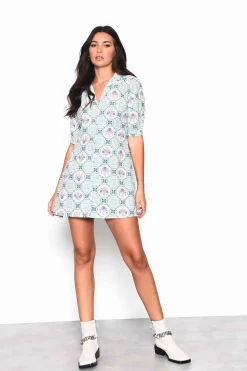 Glamorous Mini Dresses|Mini Dresses|Green Floral Button Down Mini Tea Dress with Collar -