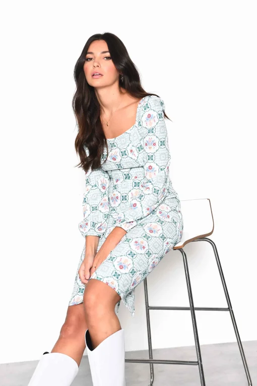 Glamorous Midi & Midaxi Dresses|Midi & Midaxi Dresses|Green Floral Gingham Square Neck Midi Dress with Centre Back -