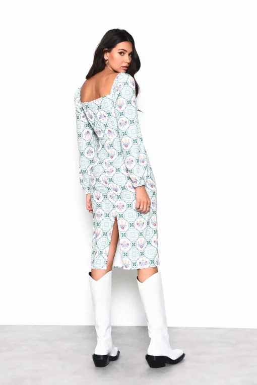 Glamorous Midi & Midaxi Dresses|Midi & Midaxi Dresses|Green Floral Gingham Square Neck Midi Dress with Centre Back -