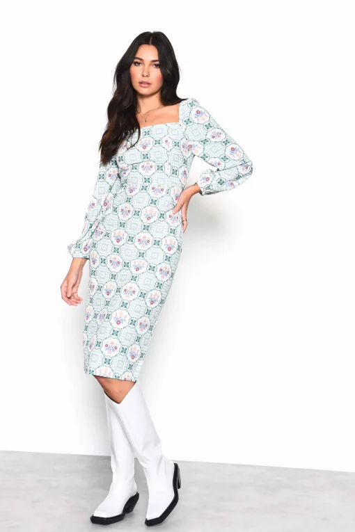 Glamorous Midi & Midaxi Dresses|Midi & Midaxi Dresses|Green Floral Gingham Square Neck Midi Dress with Centre Back -