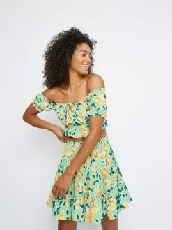 Glamorous Going Out Tops|Green Floral off the shoulder Crop Top -