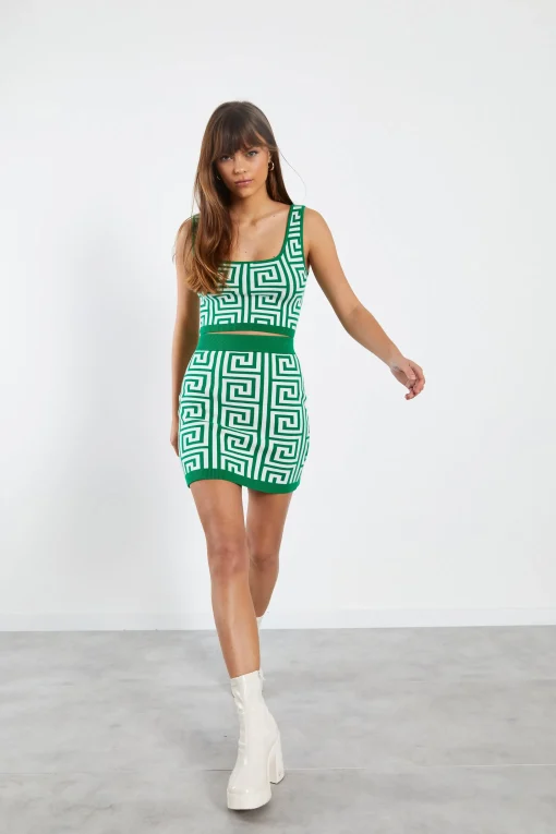 Glamorous Co-ords|Knitted Co-ords|Green Geo Knit Mini Skirt -