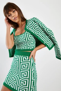 Glamorous Workwear|Co-ords|Green Geo Long Sleeve Intarsia Knit Cardigan -