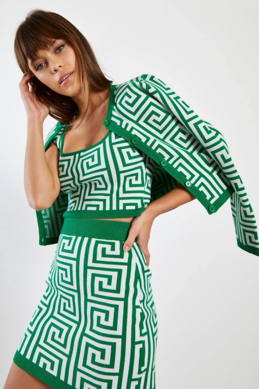 Glamorous Workwear|Co-ords|Green Geo Long Sleeve Intarsia Knit Cardigan -