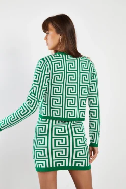 Glamorous Workwear|Co-ords|Green Geo Long Sleeve Intarsia Knit Cardigan -