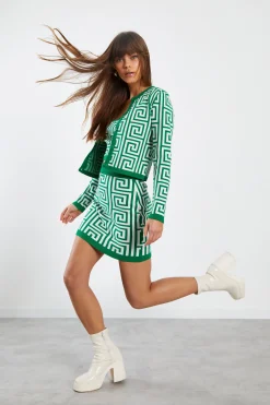 Glamorous Workwear|Co-ords|Green Geo Long Sleeve Intarsia Knit Cardigan -