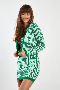 Glamorous Workwear|Co-ords|Green Geo Long Sleeve Intarsia Knit Cardigan -