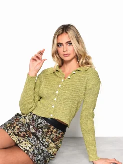 Glamorous Blouses & Shirts|Green Mauve Melange Button Front Collar Long Sleeve Shirt -