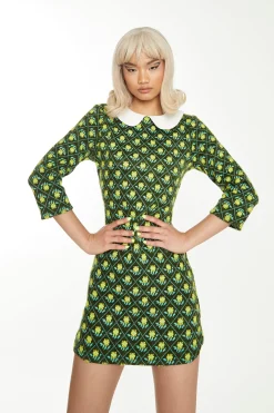 Glamorous Workwear|Go To Partywear|Green Multi White Mini Dress with long Sleeves & Curved Coll -