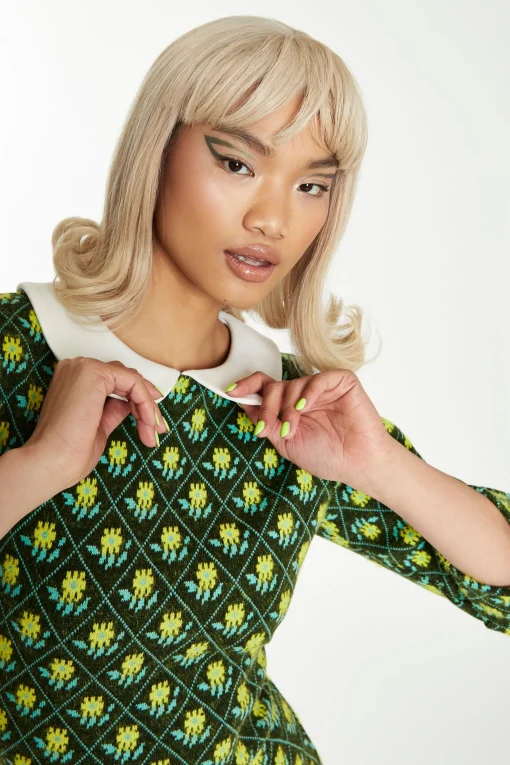 Glamorous Workwear|Go To Partywear|Green Multi White Mini Dress with long Sleeves & Curved Coll -