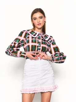 Glamorous Blouses & Shirts|Green Orchid Check Statement Collar Blouse -