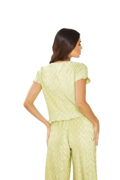 Glamorous Chic Escapes|Jet Setter|Green Plisse Lettuce Hem Relaxed Trousers -