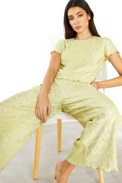 Glamorous Going Out Tops|Jet Setter|Green Plisse Short Sleeve Lettuce Hem Top -