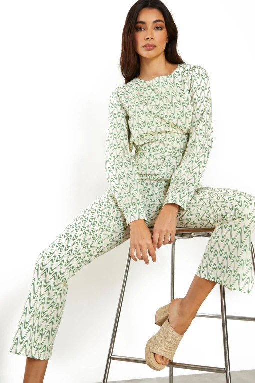 Glamorous Jet Setter|Co-ords|Green Retro Wave Backless Long Sleeve Top -