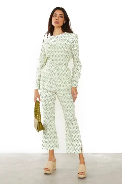 Glamorous Jet Setter|Co-ords|Green Retro Wave Backless Long Sleeve Top -