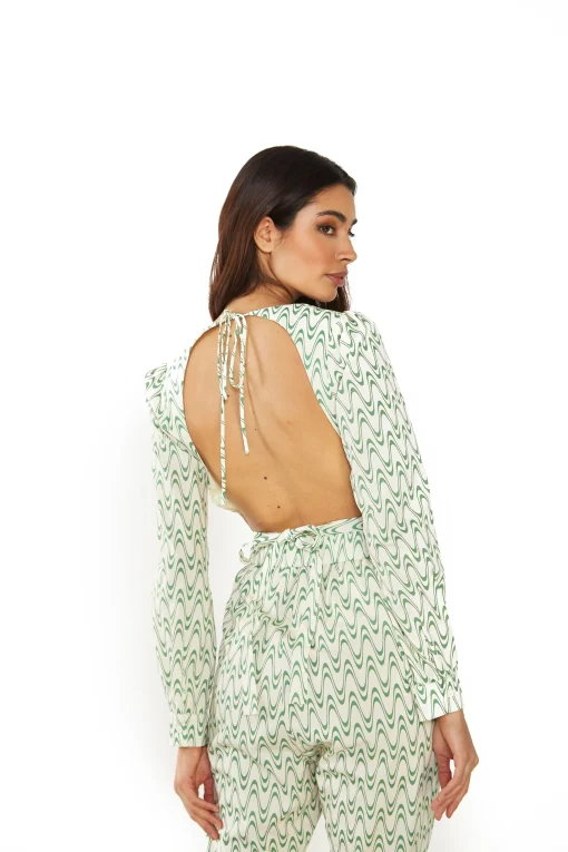Glamorous Jet Setter|Co-ords|Green Retro Wave Backless Long Sleeve Top -
