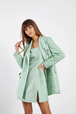 Glamorous Co-ords|Blazers|Green Tweed White Oversized Blazer with Contrast Trim -