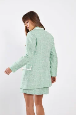 Glamorous Co-ords|Blazers|Green Tweed White Oversized Blazer with Contrast Trim -