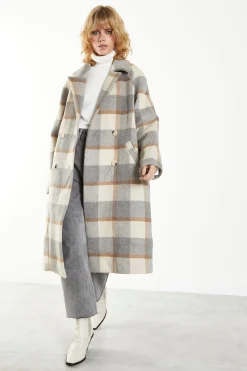 Glamorous Coats|Grey Cream Check Double Breasted Midi Coat with Lapel Collar -