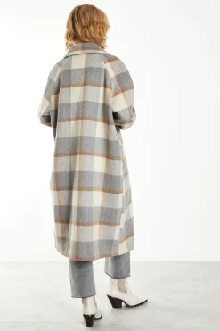Glamorous Coats|Grey Cream Check Double Breasted Midi Coat with Lapel Collar -