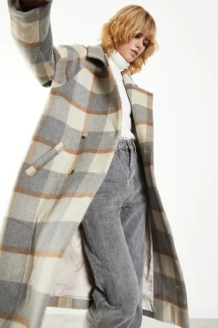 Glamorous Coats|Grey Cream Check Double Breasted Midi Coat with Lapel Collar -