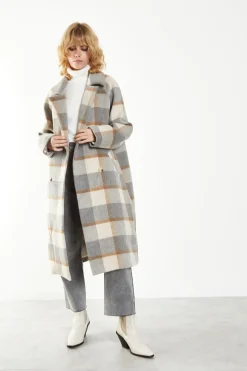 Glamorous Coats|Grey Cream Check Double Breasted Midi Coat with Lapel Collar -