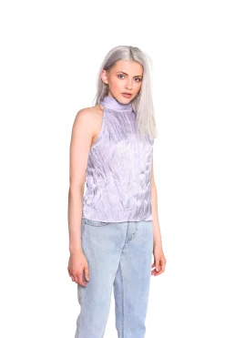 Glamorous Blouses & Shirts|Grey Lilac Metallic High Neck Satin Blouse -