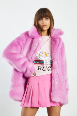 Glamorous Faux Fur & Leather|Coats|Hot Pink Faux Fur Coat with Lapel Collar -