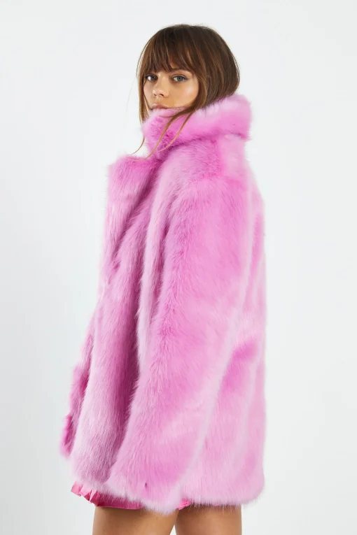 Glamorous Faux Fur & Leather|Coats|Hot Pink Faux Fur Coat with Lapel Collar -