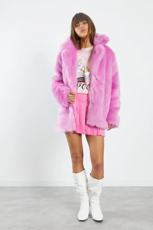 Glamorous Faux Fur & Leather|Coats|Hot Pink Faux Fur Coat with Lapel Collar -