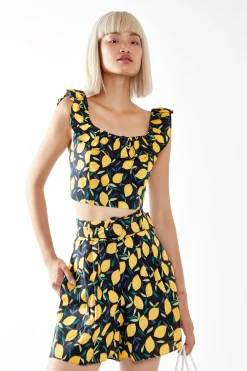 Glamorous Chic Escapes|Lemon Print Square Neck Ruffle Crop Top -