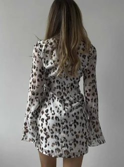 Glamorous Go To Partywear|Mini Dresses|Leopard Print Chiffon V-Neck Keyhole Mini Dress -