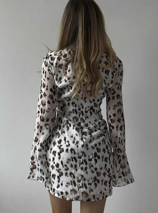 Glamorous Go To Partywear|Mini Dresses|Leopard Print Chiffon V-Neck Keyhole Mini Dress -
