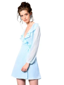 Glamorous Wrap Dressses|Light Aqua Metallic Long Sleeve Wrap Dress -