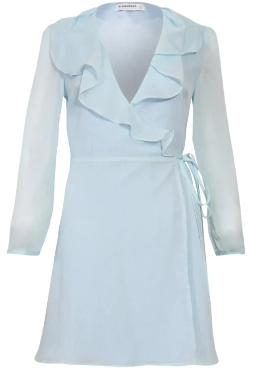 Glamorous Wrap Dressses|Light Aqua Metallic Long Sleeve Wrap Dress -