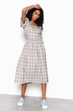 Glamorous Midi & Midaxi Dresses|Midi & Midaxi Dresses|Light Blue Multi Check Square Neck Puff Sleeve Midi Dress -