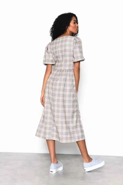 Glamorous Midi & Midaxi Dresses|Midi & Midaxi Dresses|Light Blue Multi Check Square Neck Puff Sleeve Midi Dress -