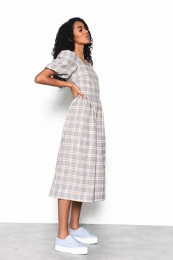 Glamorous Midi & Midaxi Dresses|Midi & Midaxi Dresses|Light Blue Multi Check Square Neck Puff Sleeve Midi Dress -